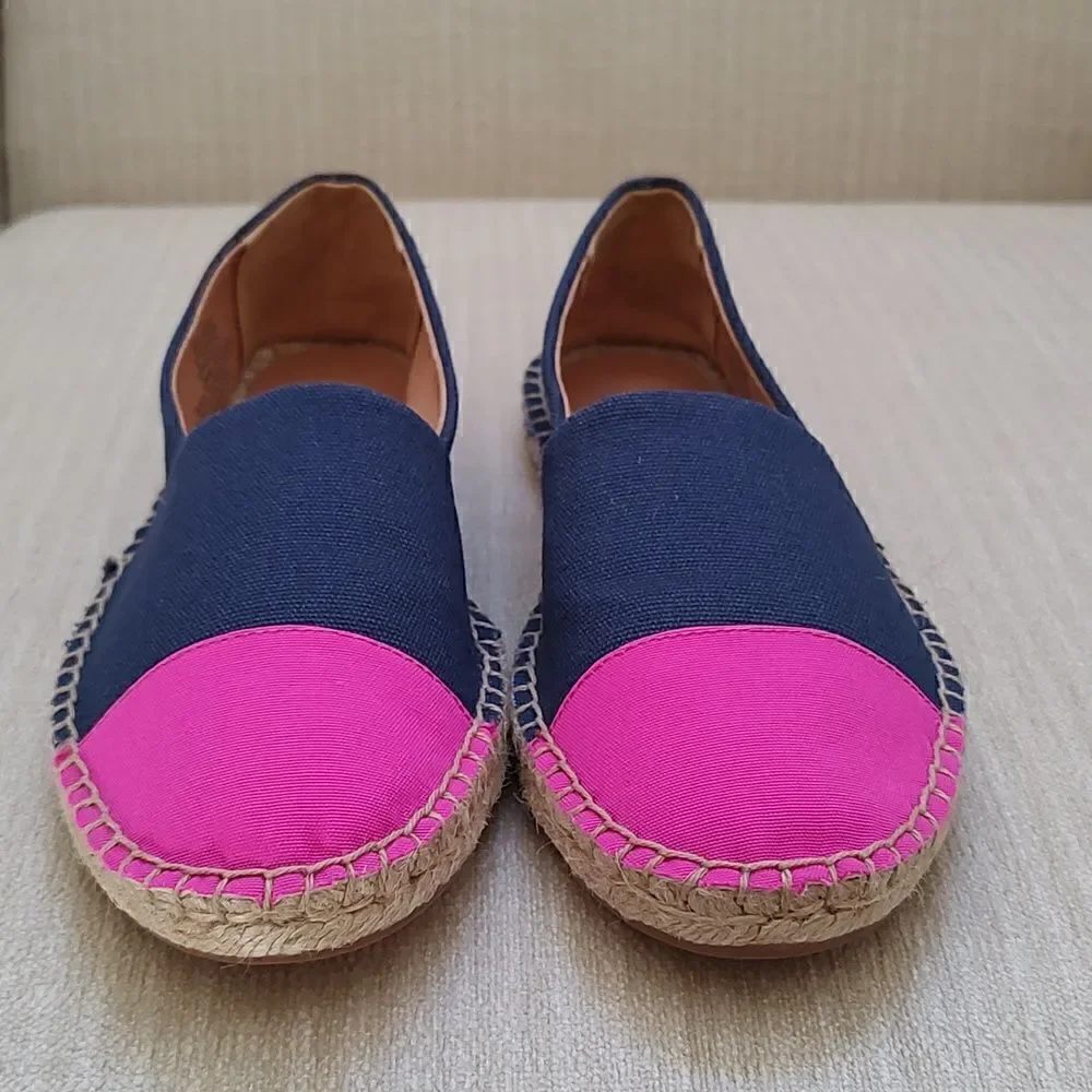 J. Crew Navy Blue Canvas Slip On Espadrilles Flats with Pink Cap Toe Size 6